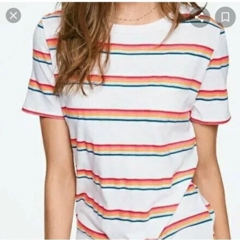 size S New PINK Victoria's Secret VS white/rainbow Striped‎ Tee crew neck NWT